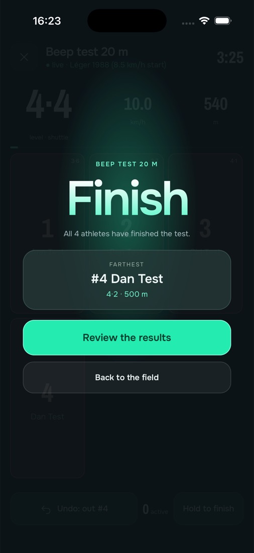 Sport Test Lab: finish screen